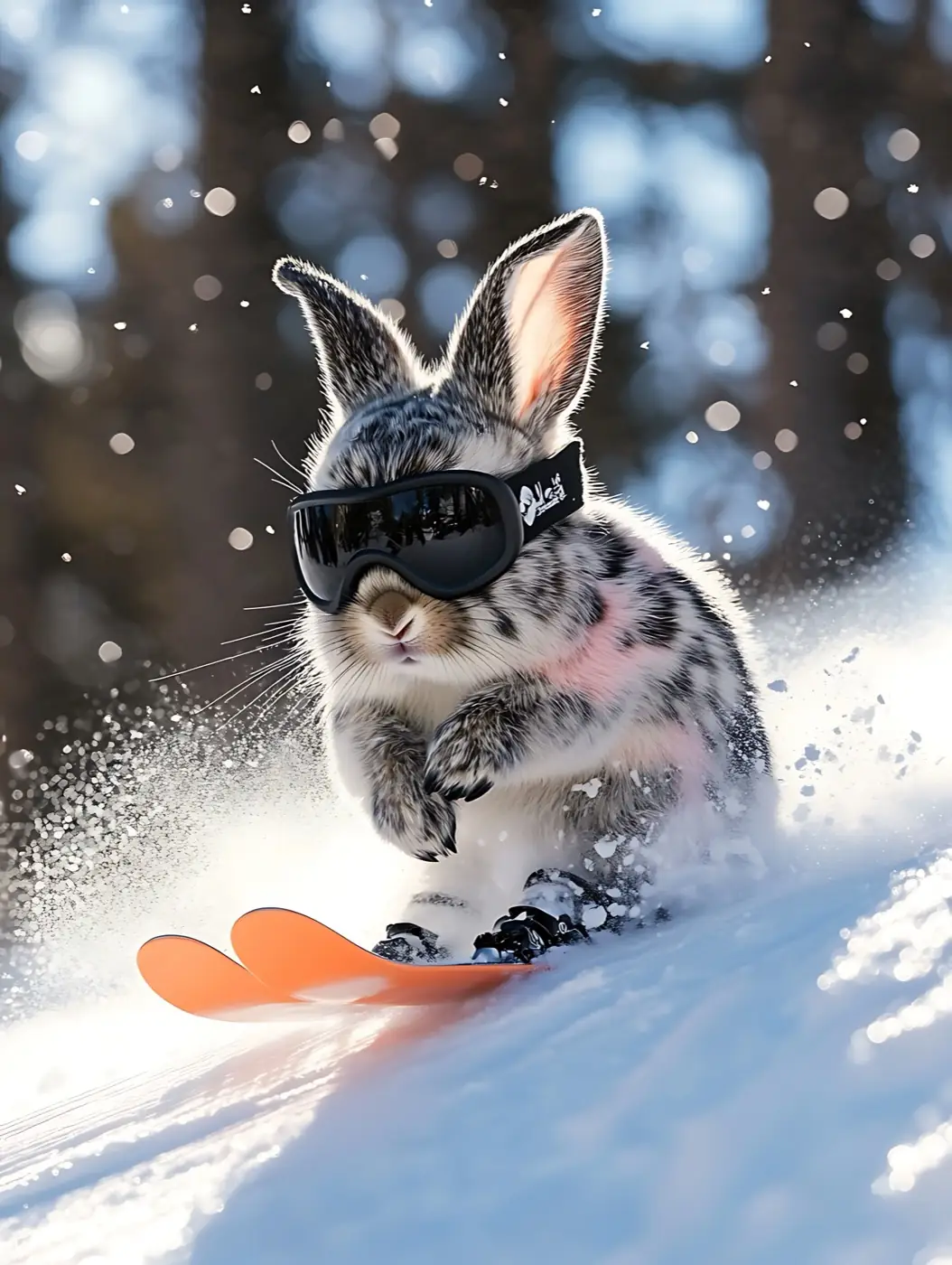 Der weisse Hase auf dem Snowboard